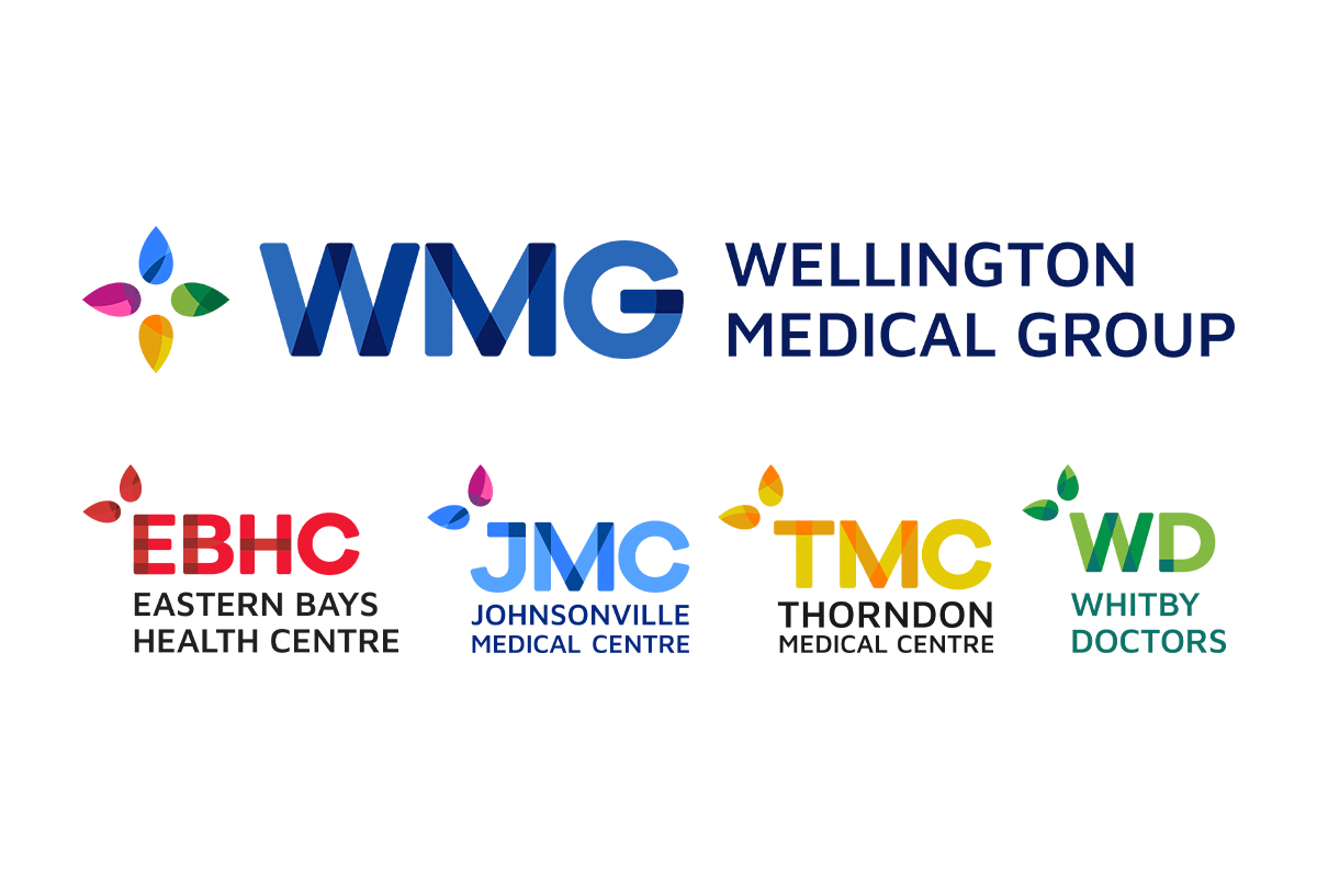 Wellington Medical Group brand architecture — parent identity and five practice-level logos: Johnsonville Medical Centre, Thorndon Medical Centre, Whitby Doctors, Eastern Bays Health Centre and Mānuka Health Centre.